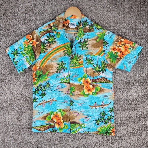 Pacific Isle Creations Vintage Hawaiian Shirt Mens M Aloha Beach Palm Rainbow - Picture 1 of 9